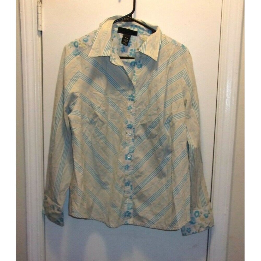Venezia Beige‎ Blue White Diagonal Stripe Floral Button Front Top 14/16
